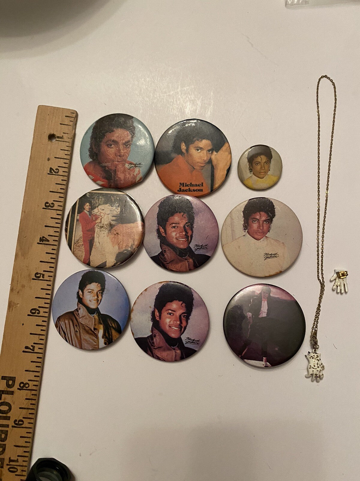 Vintage Lot of Micheal Jackson Pins White Glove Necklace & 1 White Glove Earring