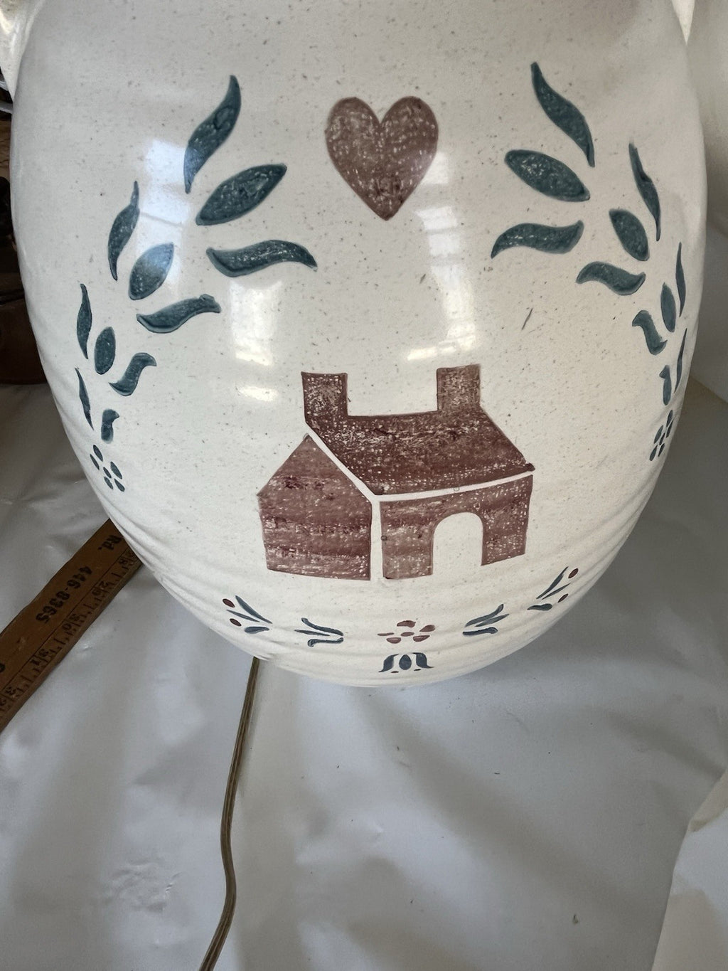 Primitive Large 21” Tall Table Lamp With Log Cabin Stencil Design