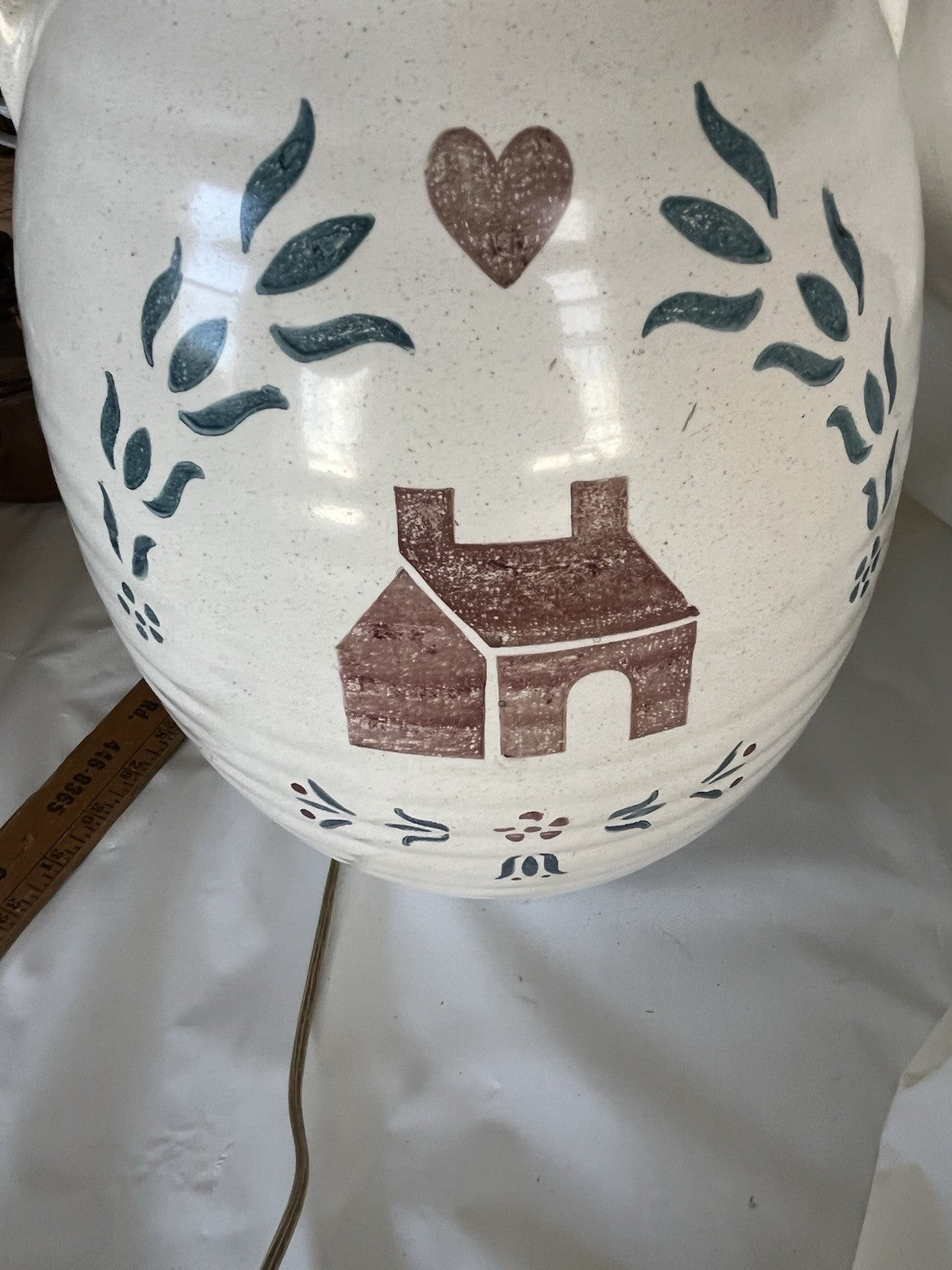 Primitive Large 21” Tall Table Lamp With Log Cabin Stencil Design