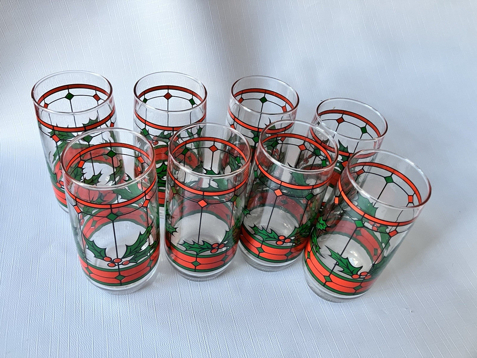 Vintage Anchor Hocking Holly Diamond Christmas Glasses Set Of 8. EVC