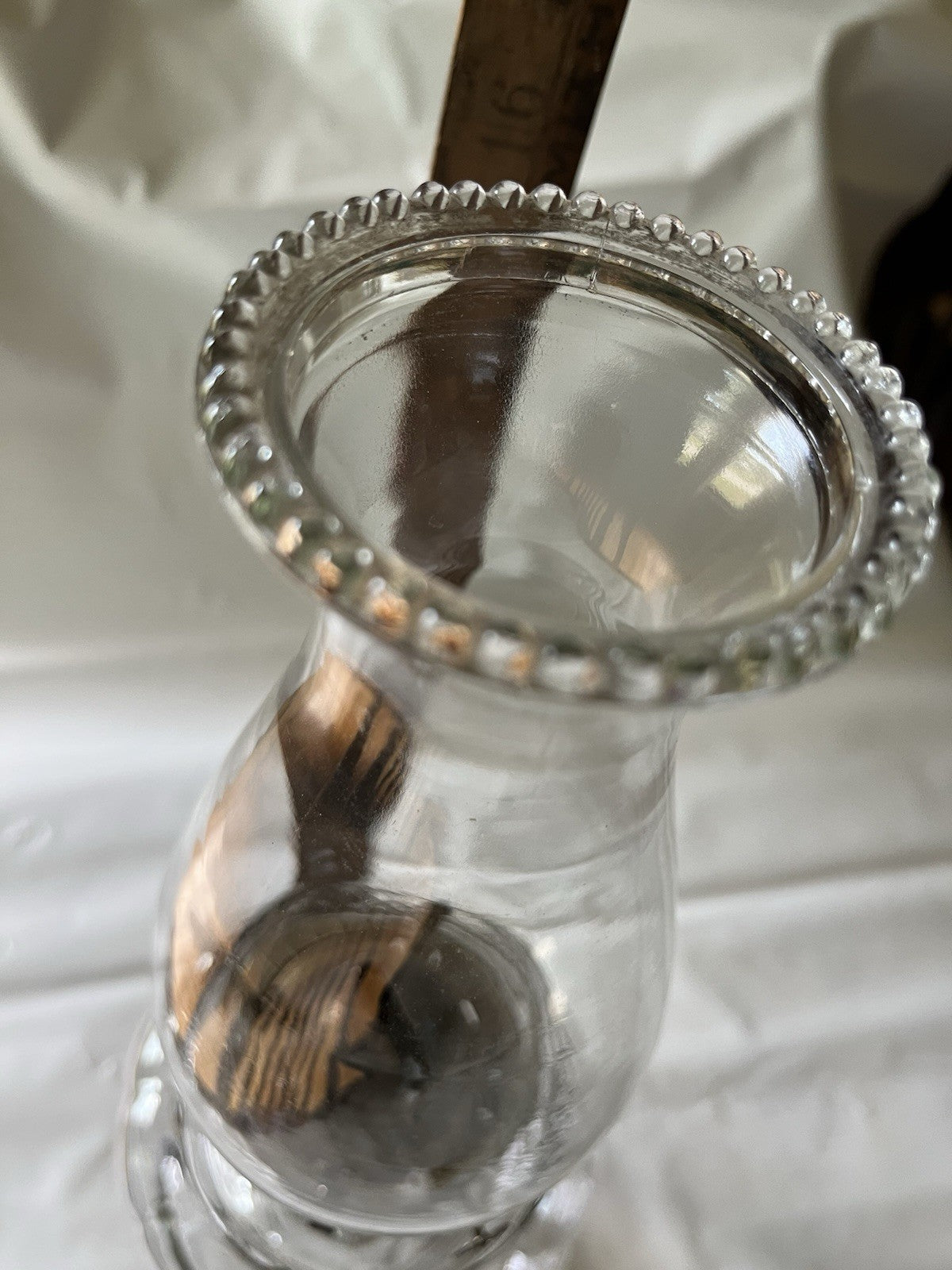 Antique 16” Clear Glass Kerosene Oil Lamp Complete W/ Flute, Metal Skirt, Base