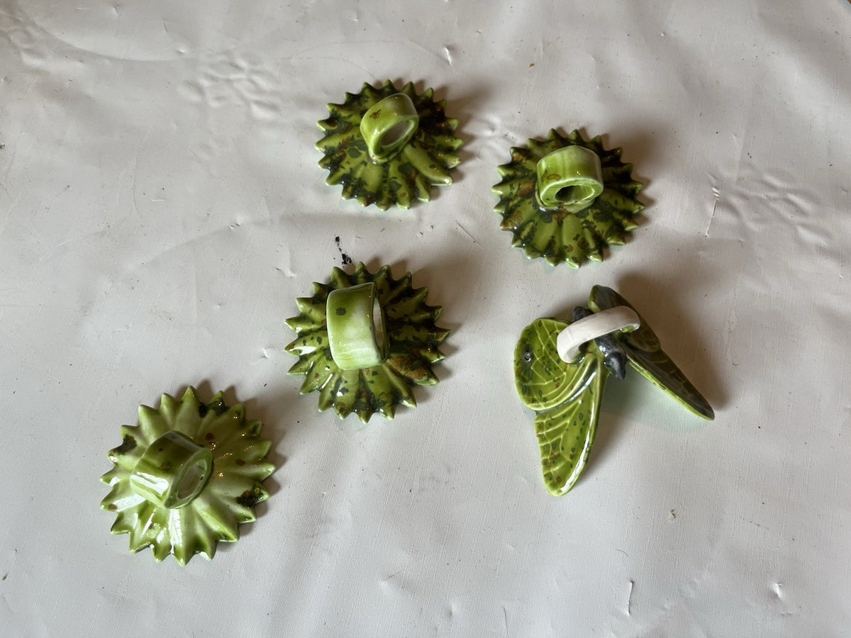 Vintage 1970s Ceramic Homemade Flower/Butterfly Ceramic Macrame Rings (5 Total)