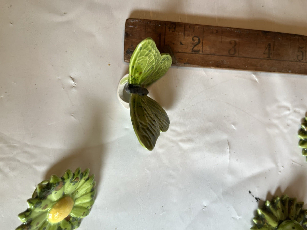 Vintage 1970s Ceramic Homemade Flower/Butterfly Ceramic Macrame Rings (5 Total)