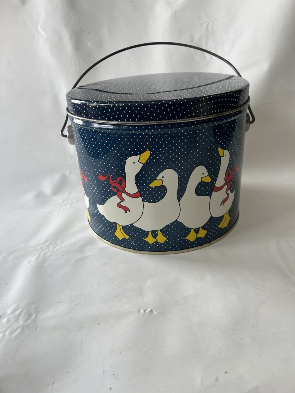 1990s Goose  Blue And White Polka Dot Tin With Lid And Handle