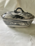 Vintage Black And White Marbled Ceramic Agateware 9” Oval Casserole W/ Lid