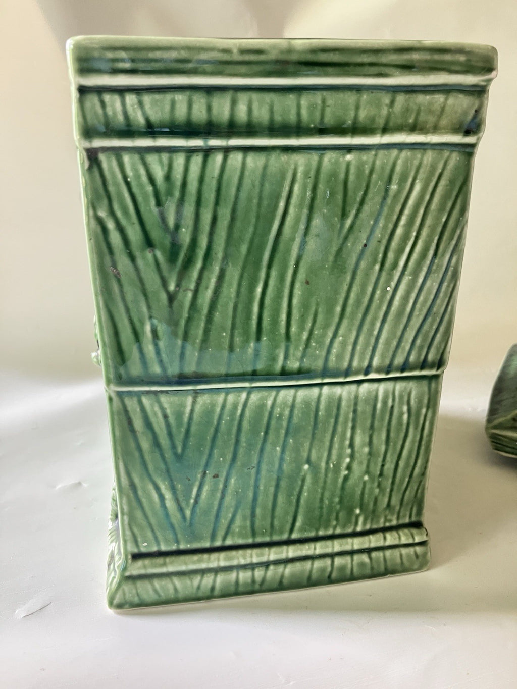 Vintage MCM Green Glazes Ceramic Hickory Dickory Cookie Jar  Made In Japan