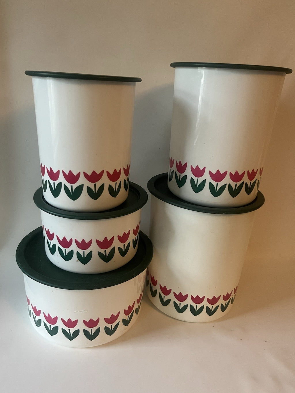 Vtg. One Touch White Tulip Tupperware Canisters with Green Lids; A-C; B/D sets