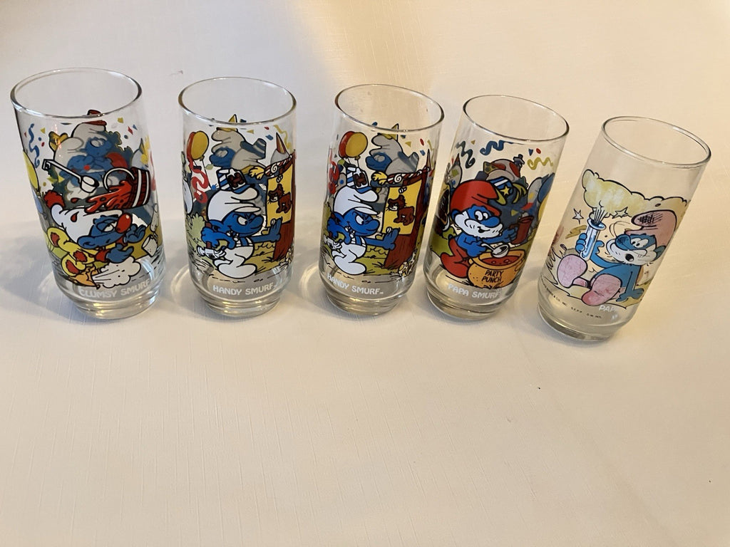 Vintage 1983 Hardee’s Smurf Glasses Set of 4 Handy Clumsy Papa Smurf BONUS Glass