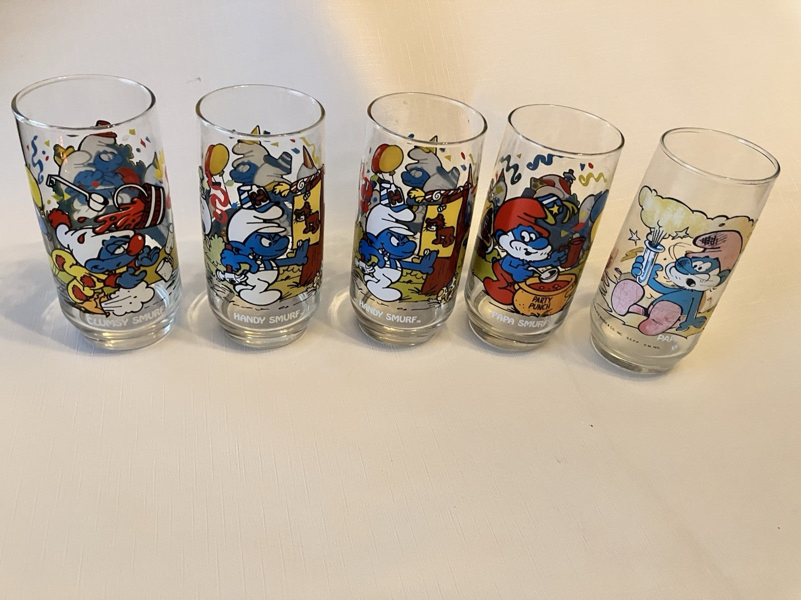Vintage 1983 Hardee’s Smurf Glasses Set of 4 Handy Clumsy Papa Smurf BONUS Glass