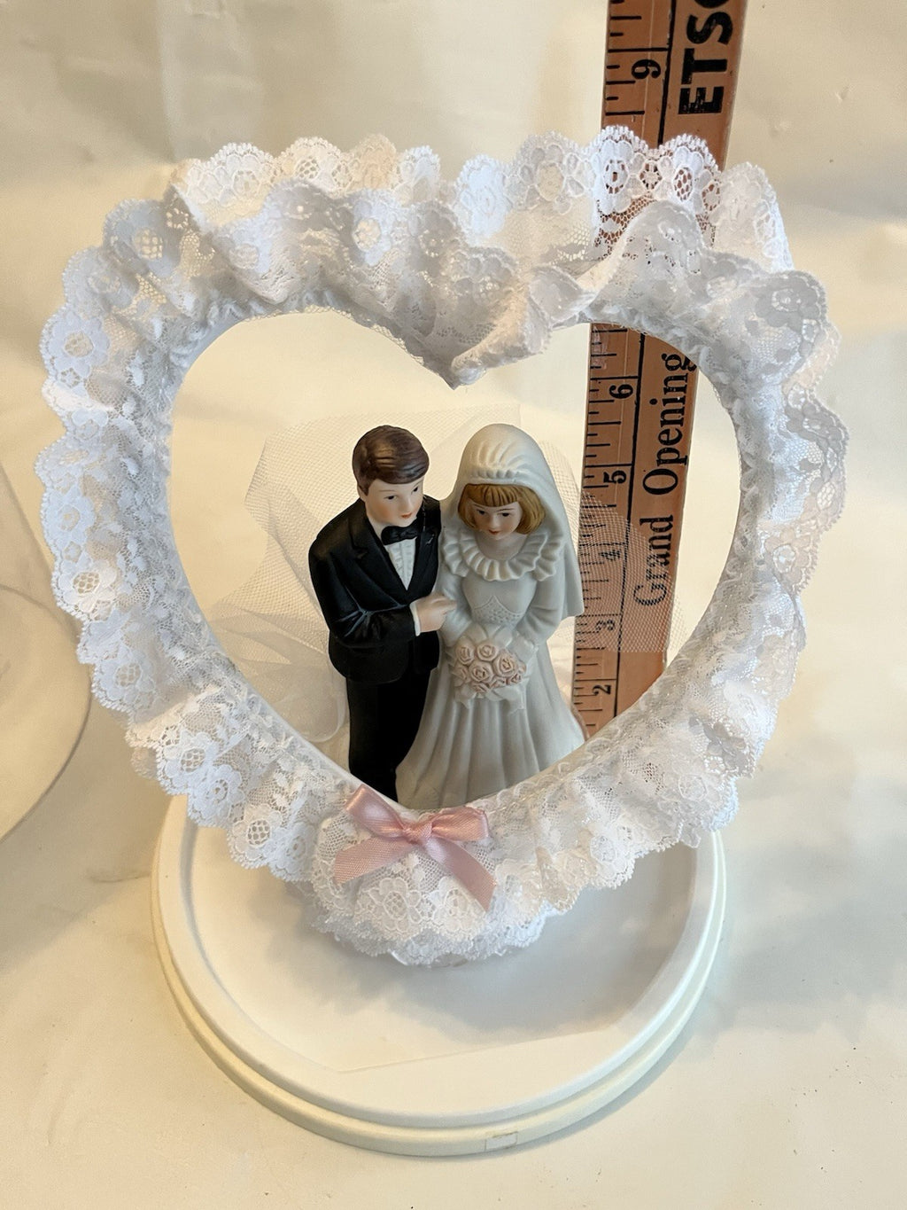 Vintage/ MCM Wedding Cake Topper With Heart Arch, Lace; Original Case NOS