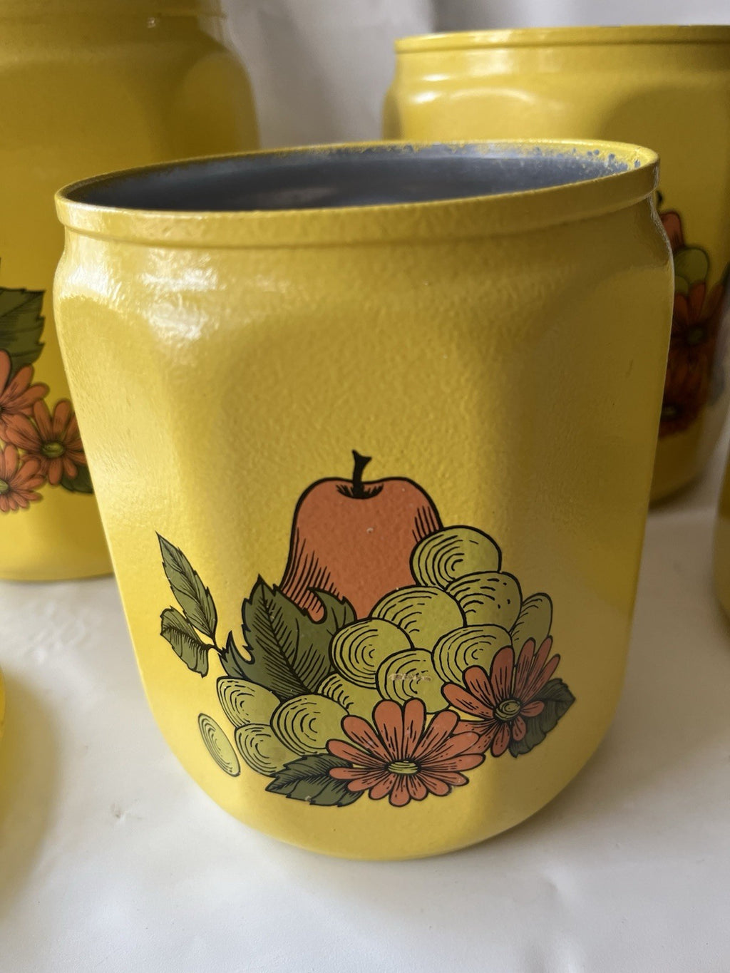 Vintage Kromex Faceted Aluminum 4 Canister Set Yellow Fruit Floral Plastic Lids