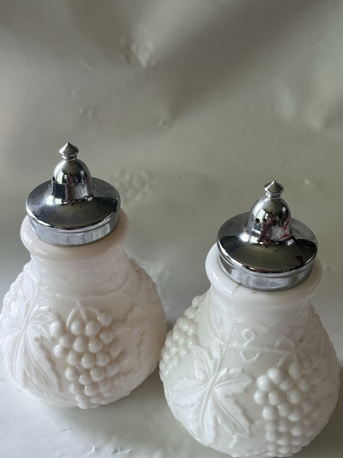 Vintage 1950s Imperial Milk Glass Grape Vine Salt and Pepper Shakers