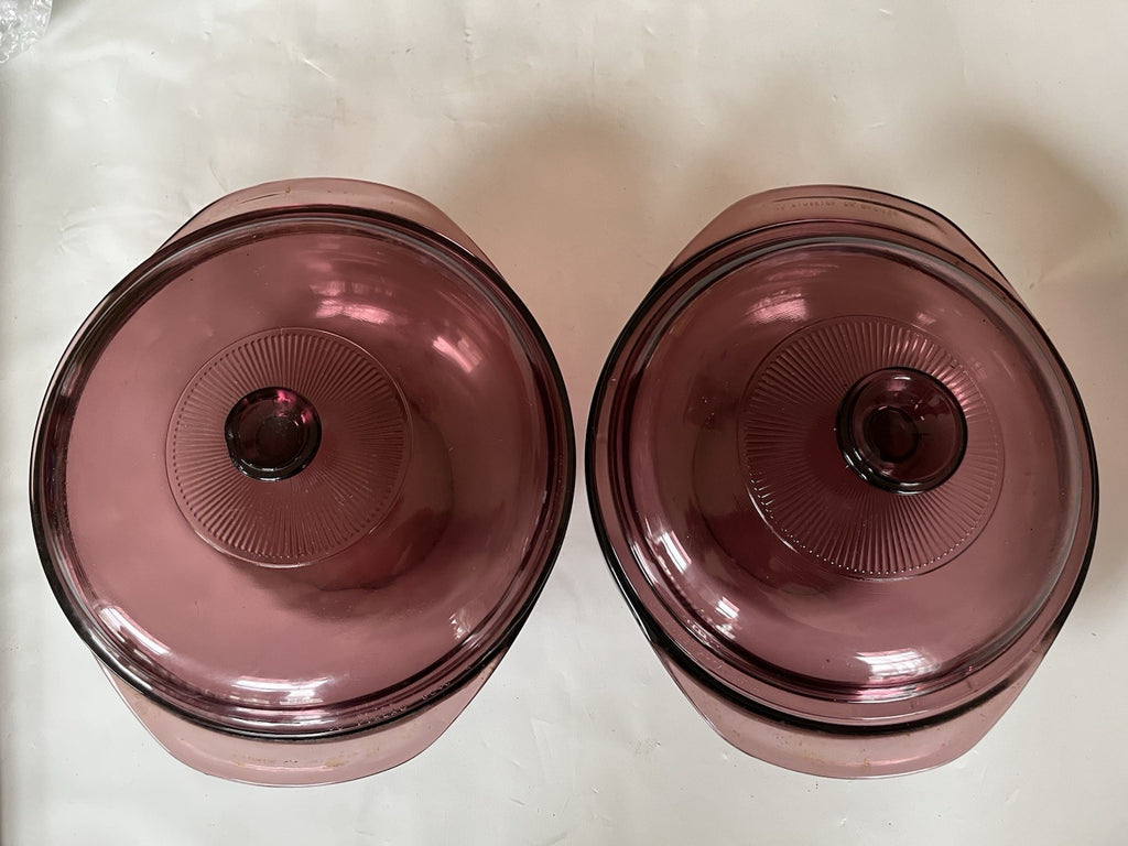 Vintage PYREX Purple Visionware Round 2 Qt Casseroles W/ Kids