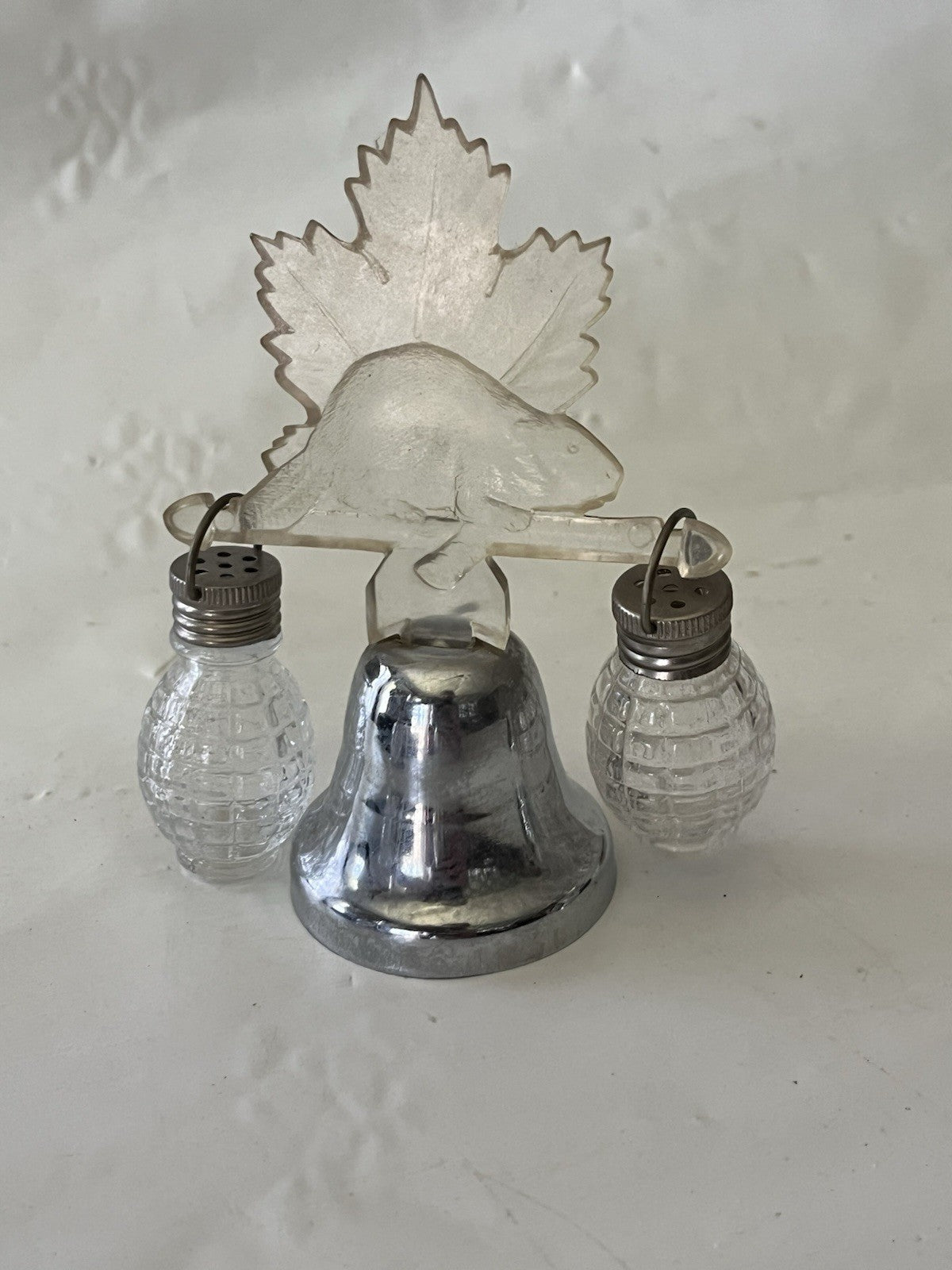 Vintage Silver Toned/Clear Lucite Souvenir Salt/Pepper Shakers W/ Bell Stand (3)