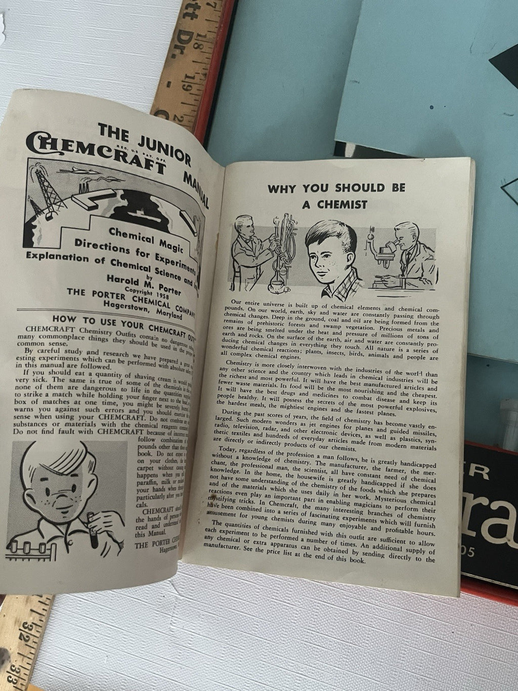 1950s Porters Chemcraft Home chemistry kit; original testing material, book.