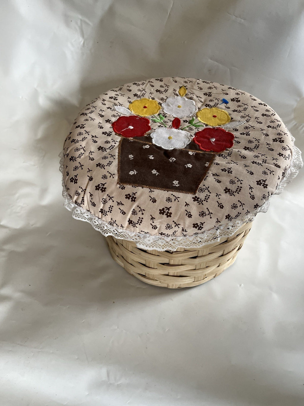 Vintage Handmade Sewing Basket With Embroidered Pad-Top Cover