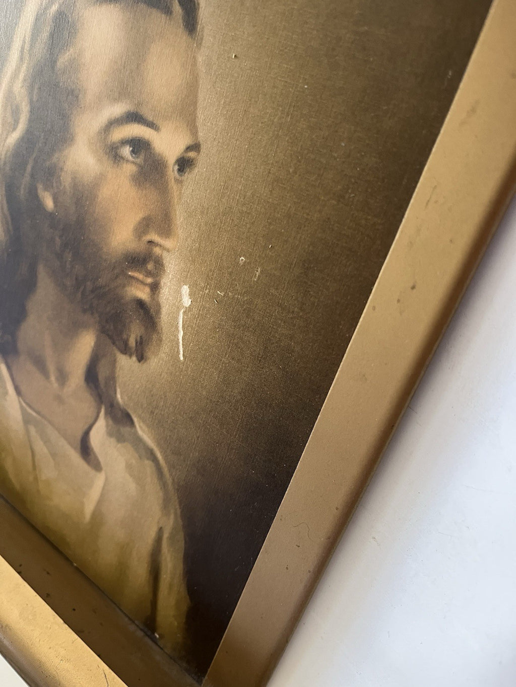 1941 MCM Lighted Litho Print of JESUS On Gold Tone Manuscript Wall Hanging