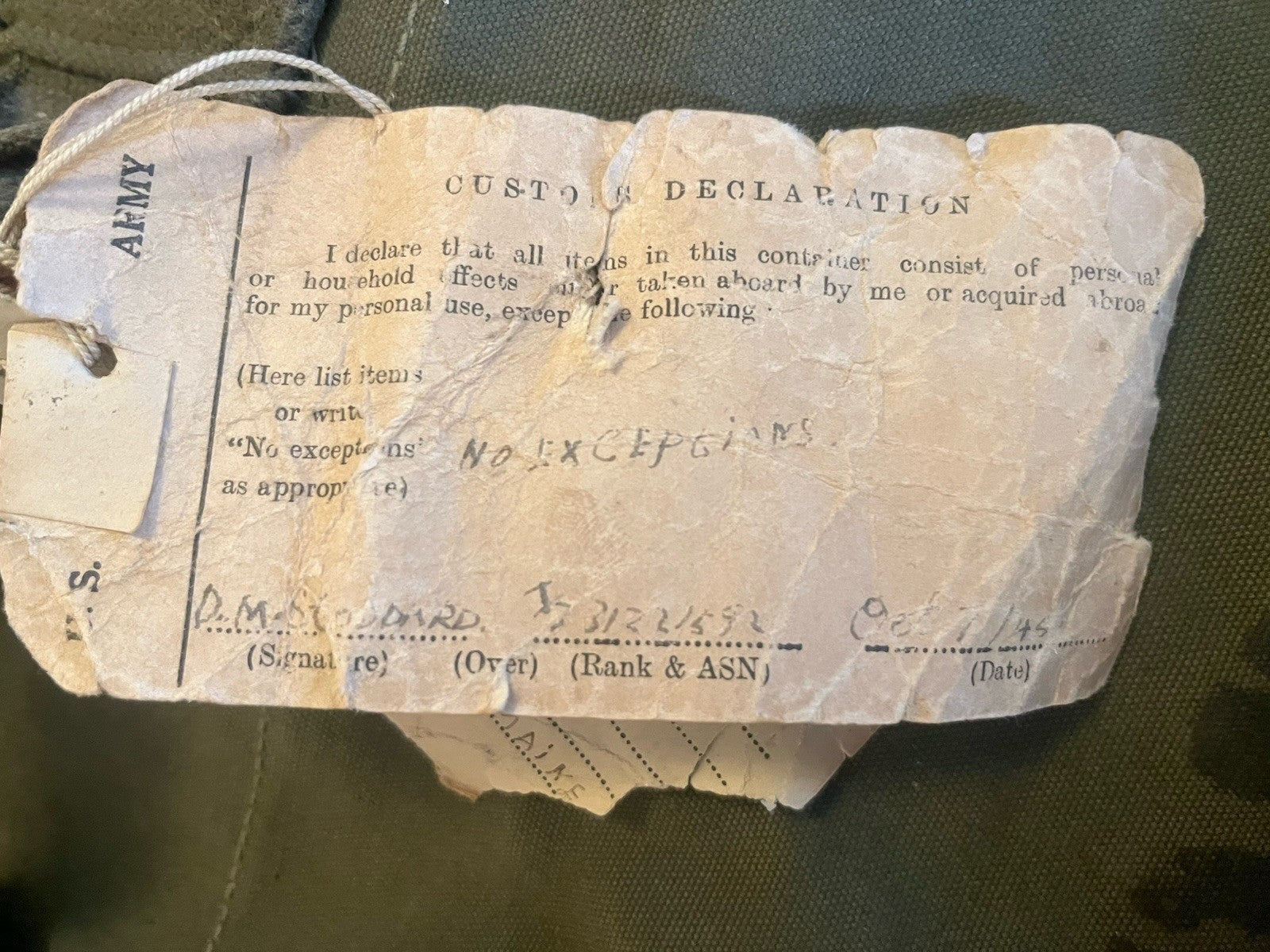 Named WW2 Duffle Bag w/ Import Tags Dated 1945