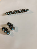 Vintage Faux Turquoise Silvertone Metal Brooch & Clip On Earrings