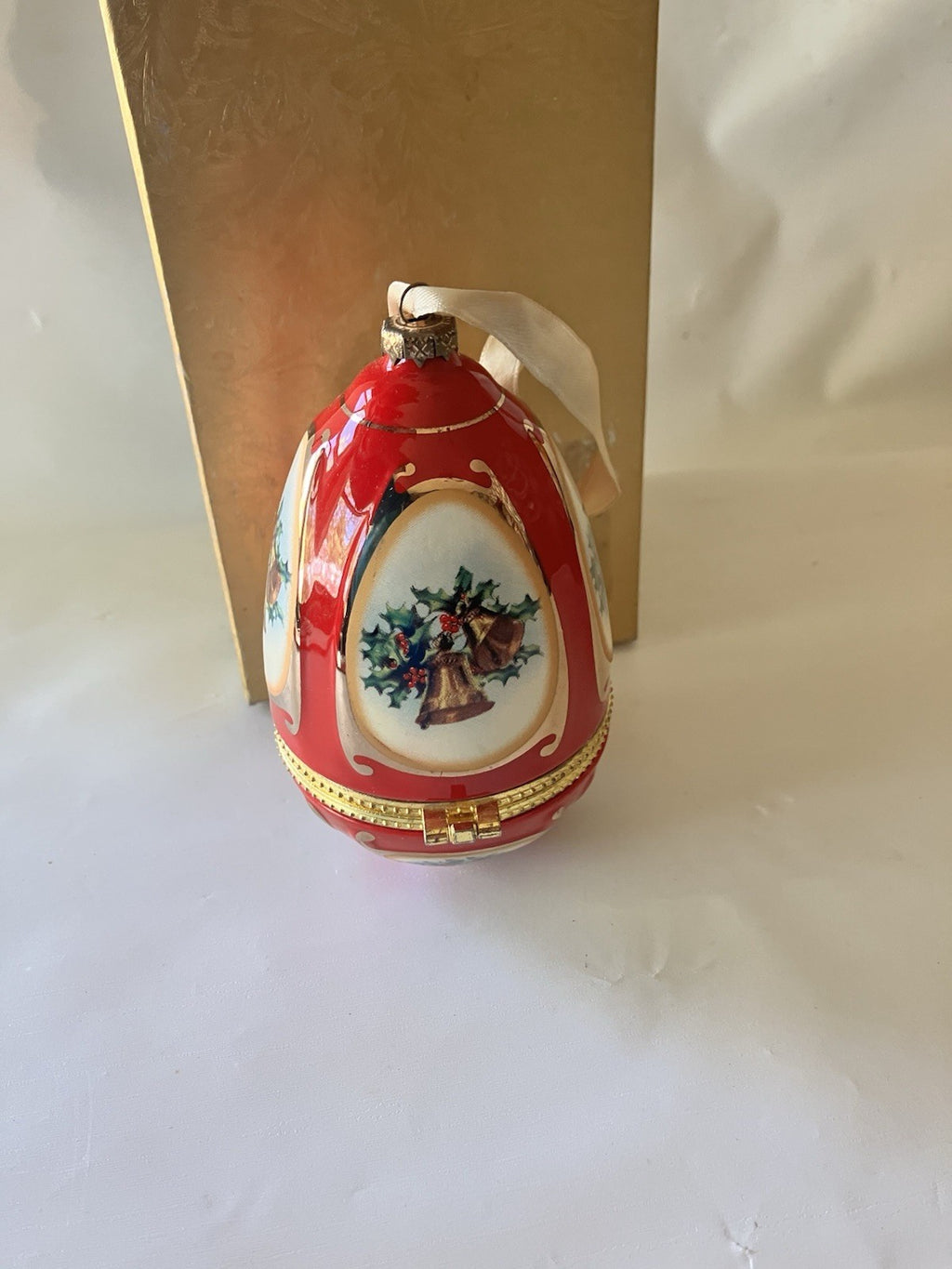 Vintage Christmas Musical Egg Ornament Red With Christmas Design; In Box