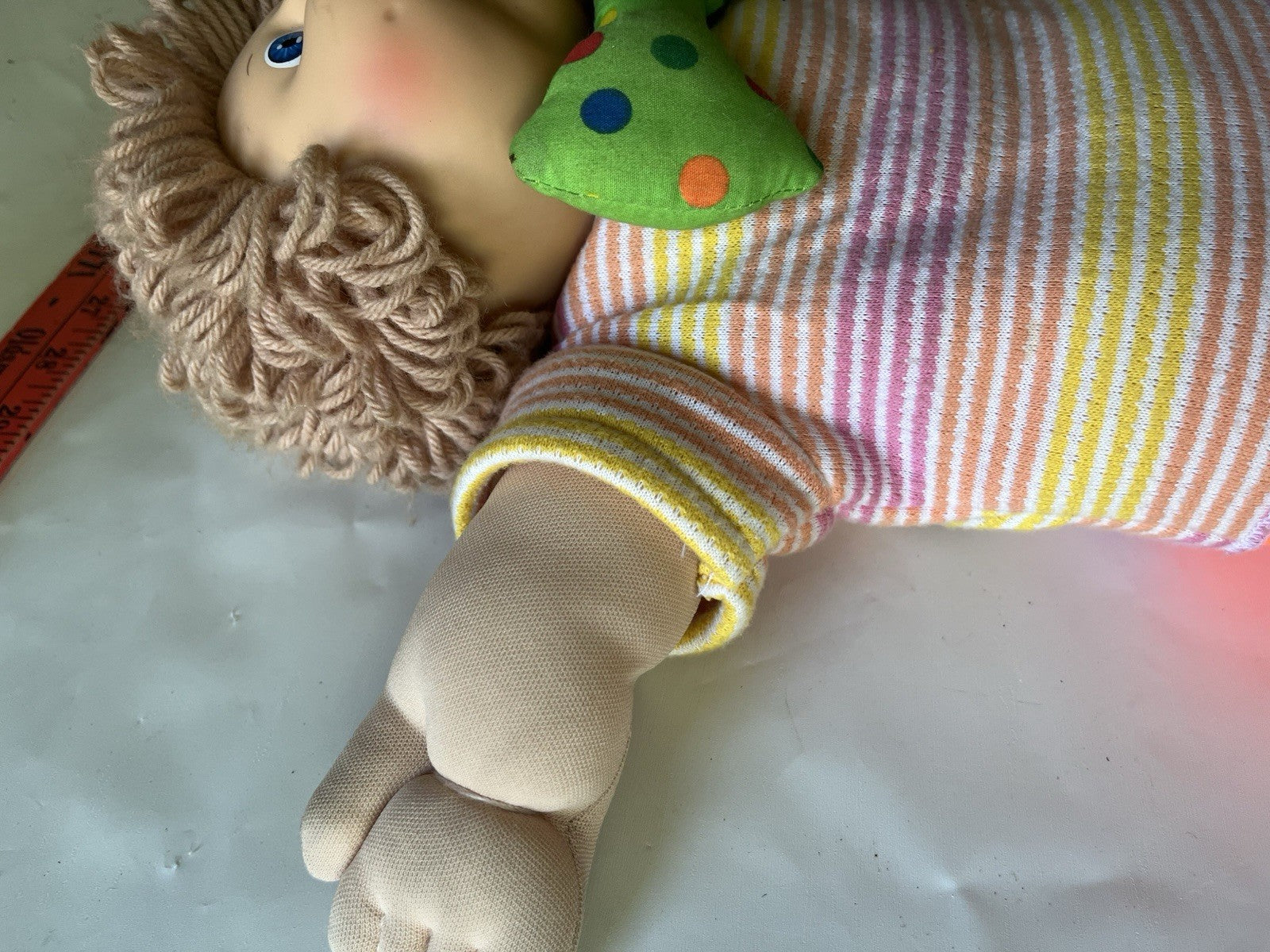 Vintage Cabbage Patch Kids 16”  Lt. Brown Curly W. Blue Circus Doll W/ Green Tie