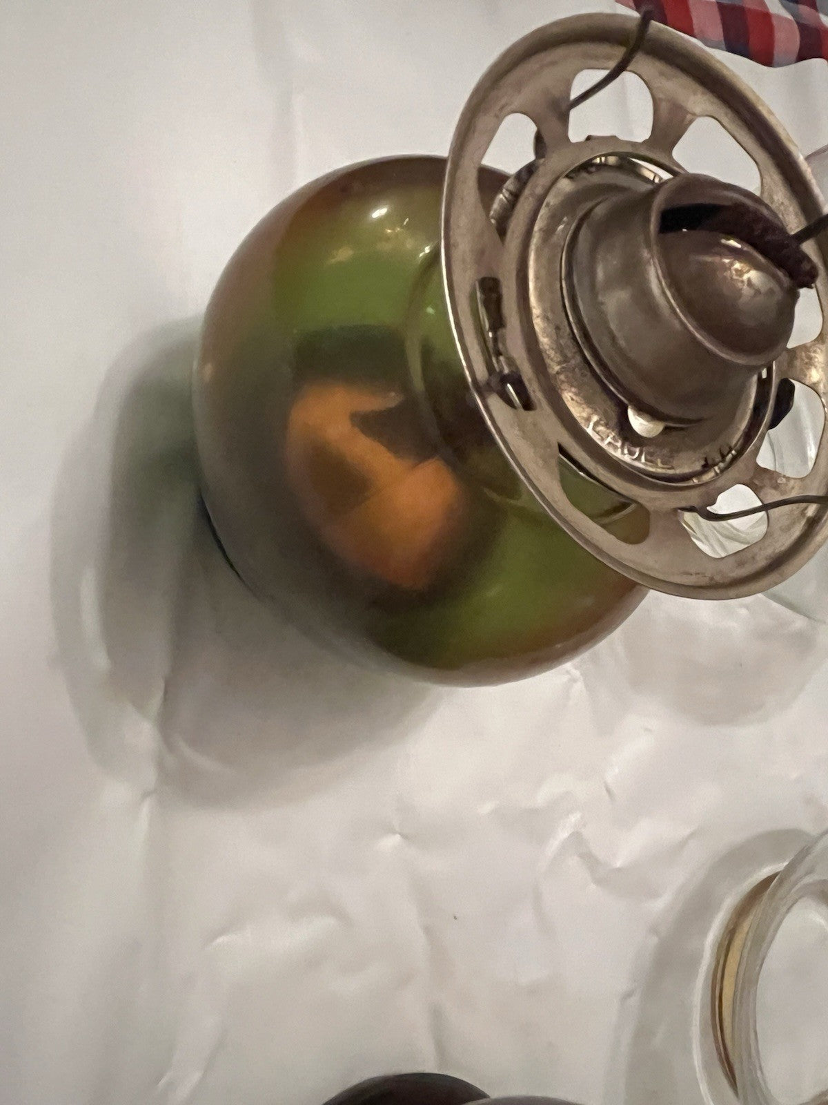 Vintage Amber-Green Glass Hurricane Kerosene Lamp  With Original Glass Globe