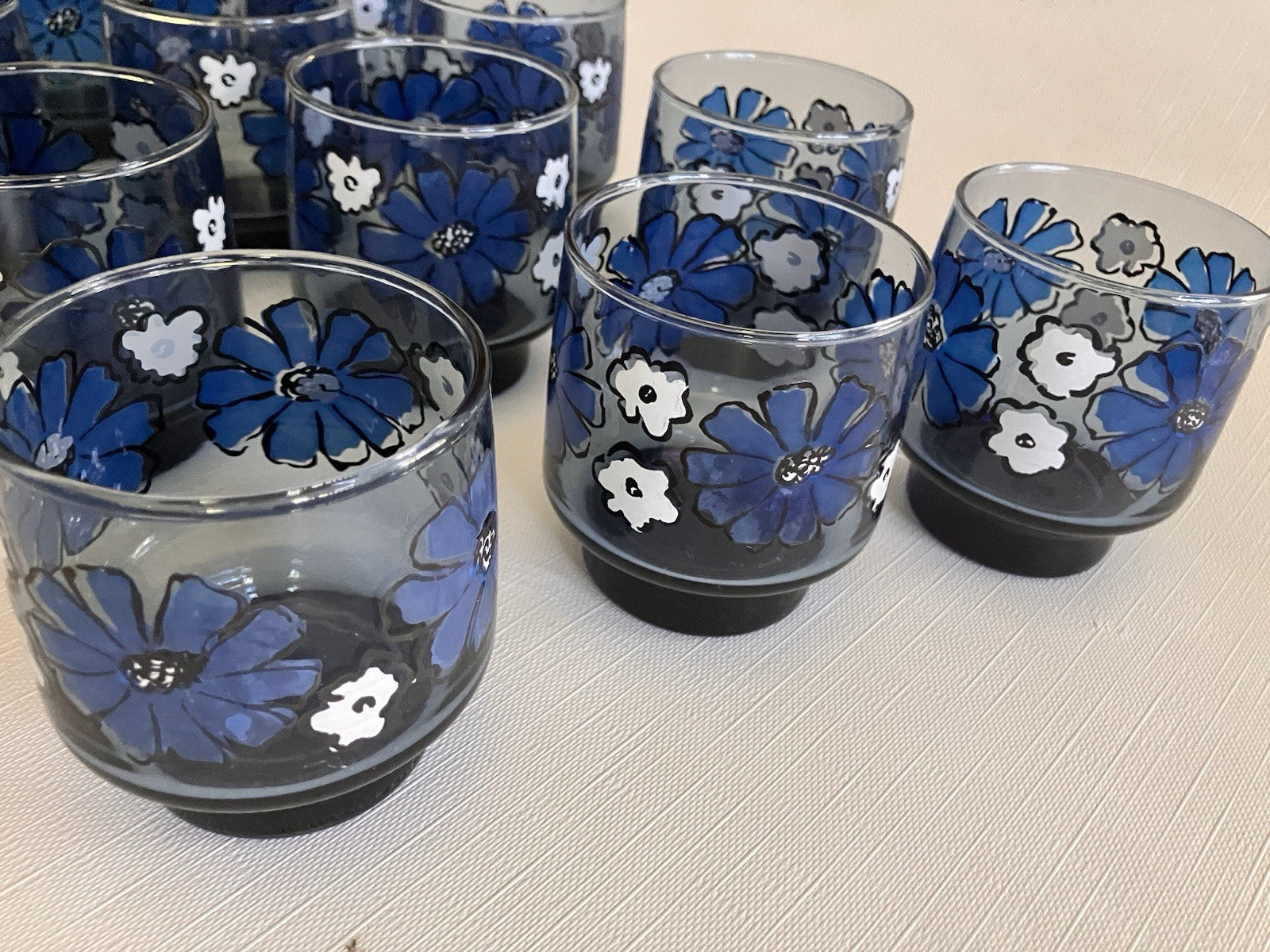 Set of 13 Vintage Libbey Camellia Blue Floral 8oz Juice Glasses EUC