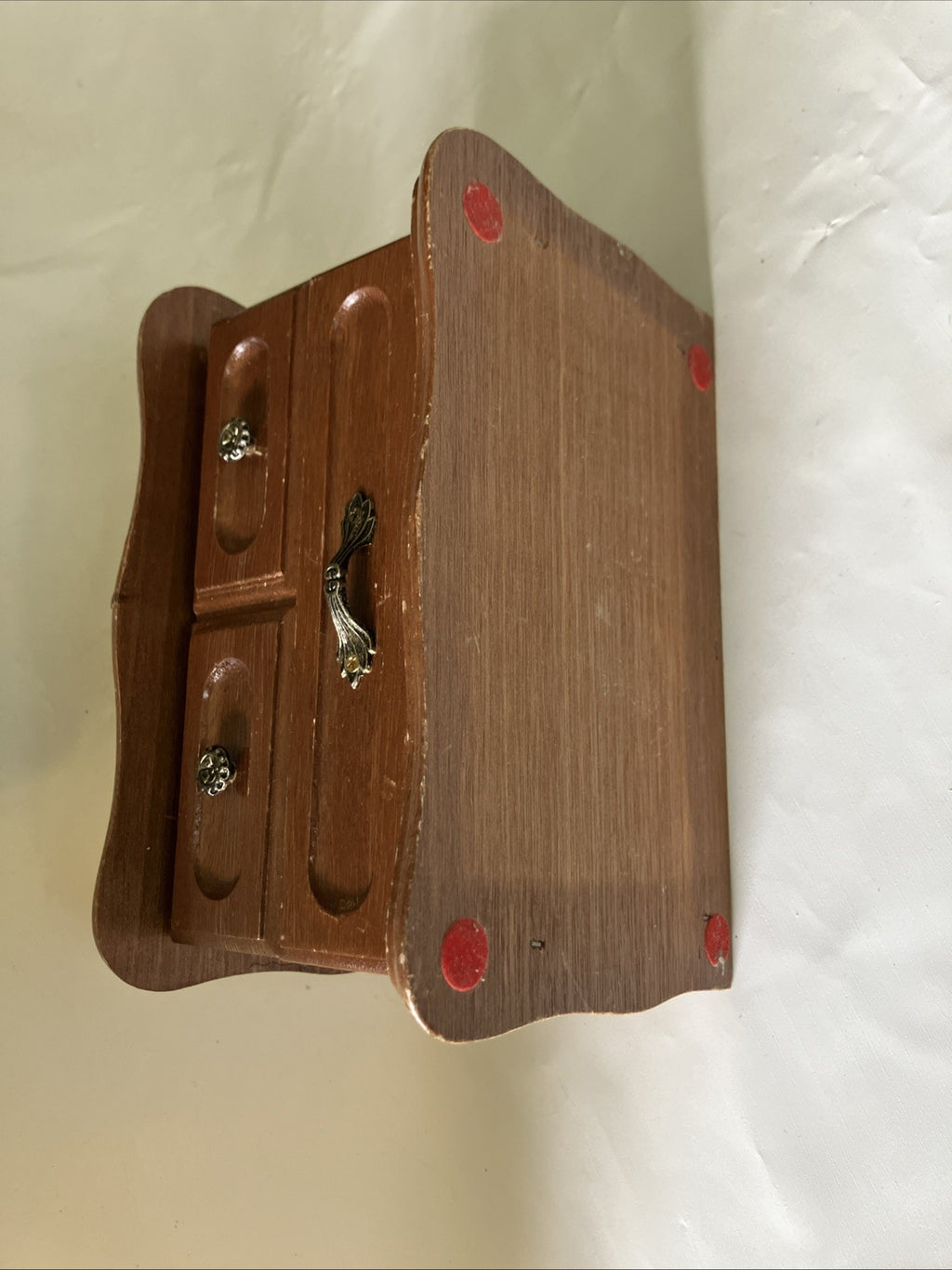 Vintage MCM Wooden Jelwery Box With Scalloped Edges, Velvet Int. Drawer, Mirror