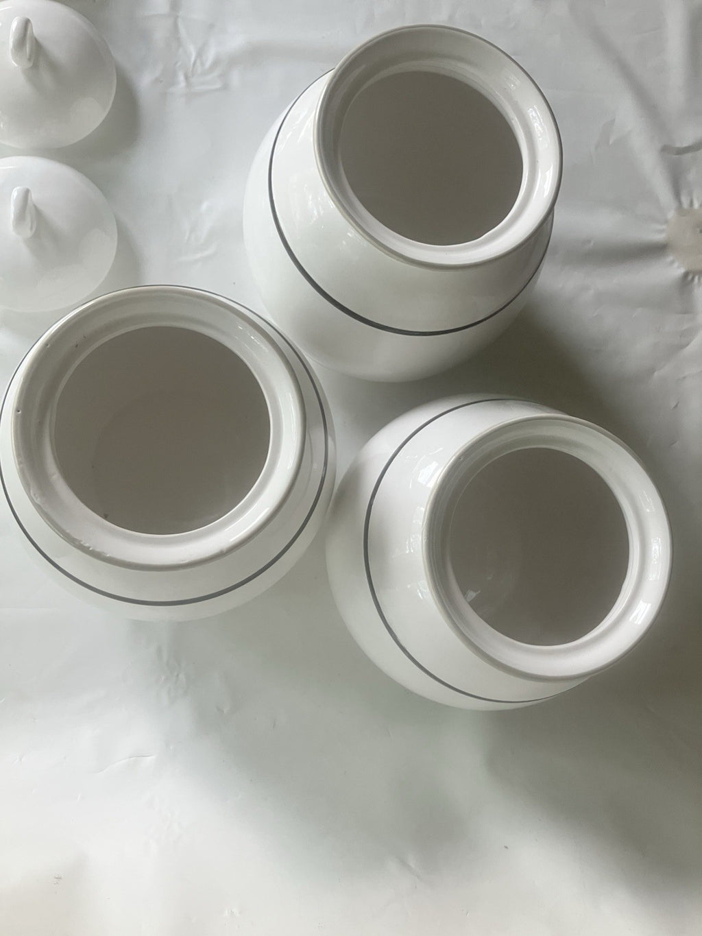 Large Ceramic Canister Set Of 3 Identical Sizes; 1, 2, 3 With Pinstripe On White