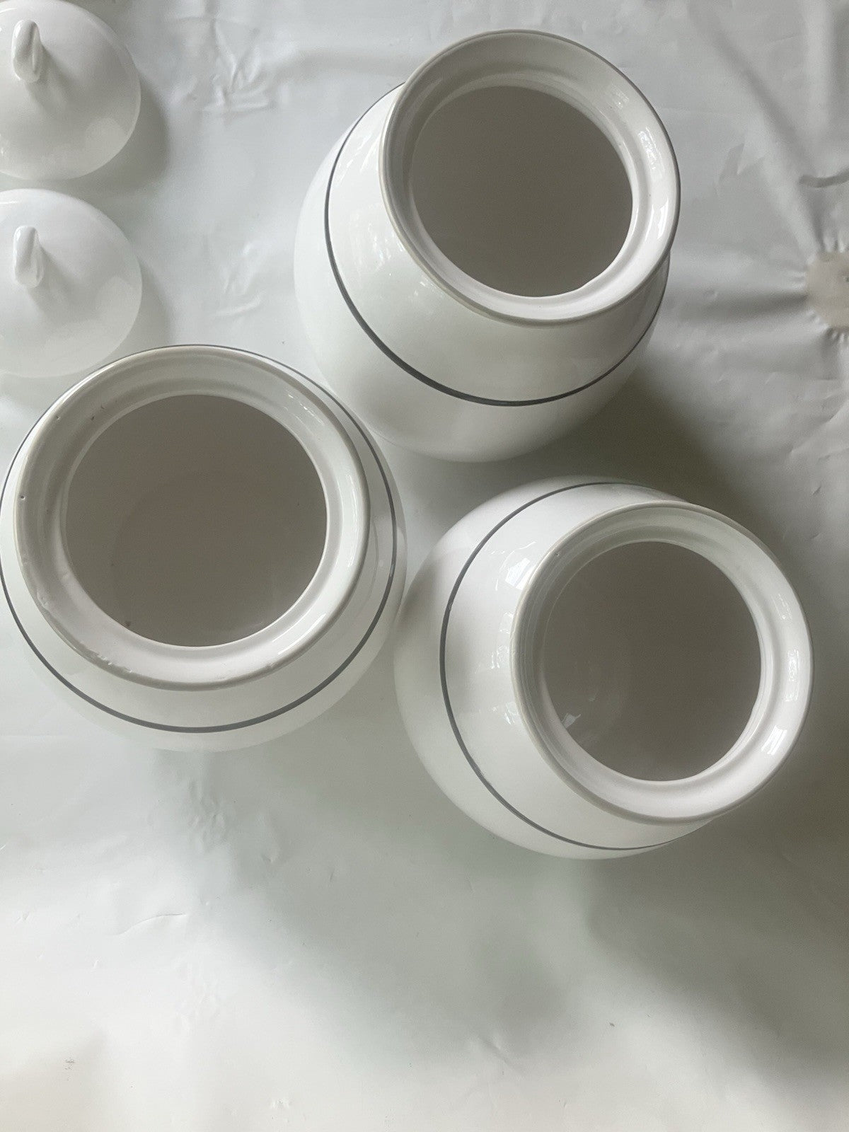Large Ceramic Canister Set Of 3 Identical Sizes; 1, 2, 3 With Pinstripe On White