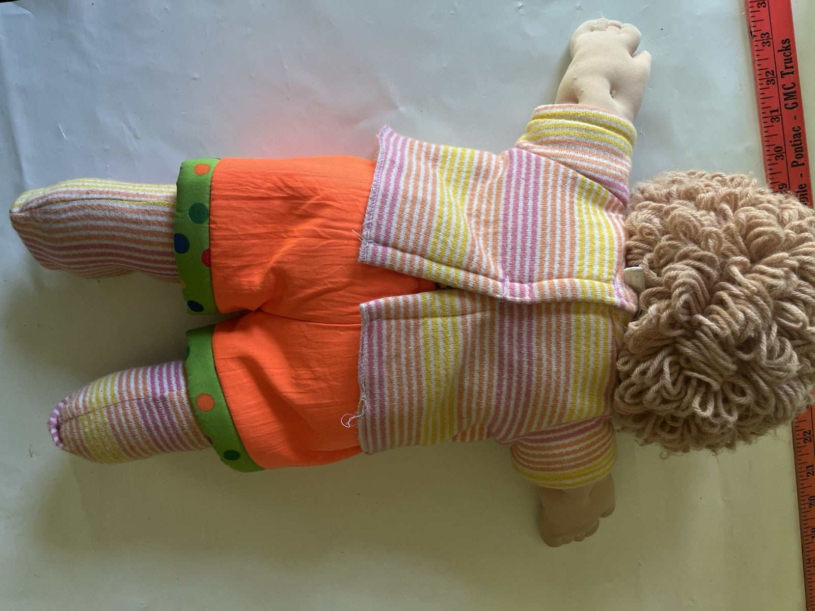 Vintage Cabbage Patch Kids 16”  Lt. Brown Curly W. Blue Circus Doll W/ Green Tie