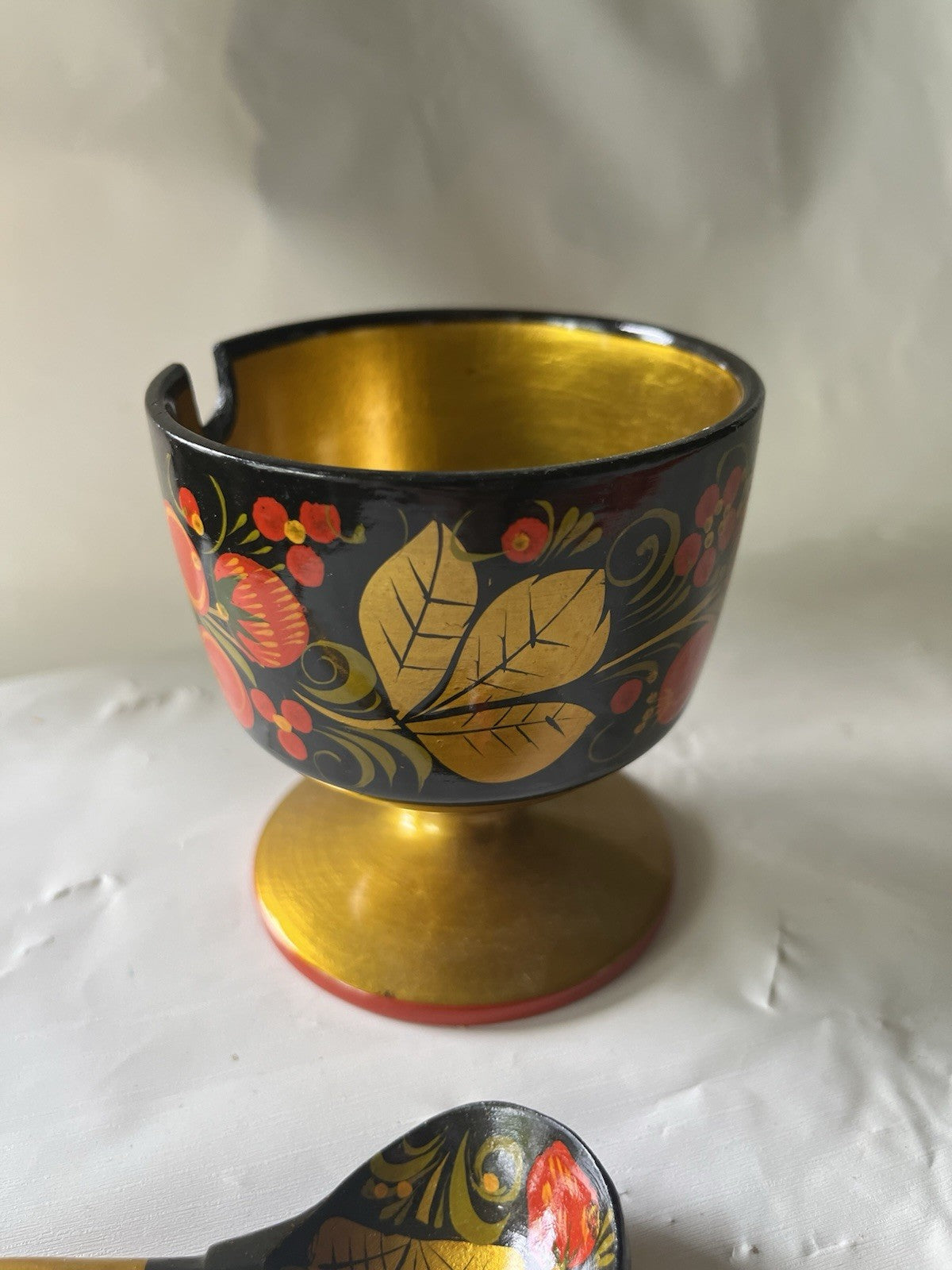 Russian Golden Khokhloma, Wooden Bowl & Spoon Set, Background painting, Folk-Art