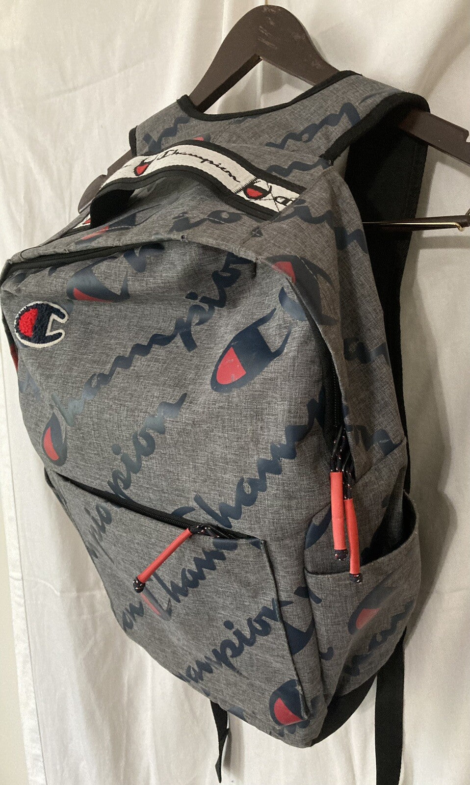 Unisex Champion Grey Back Pack with Navy/Red Logo.