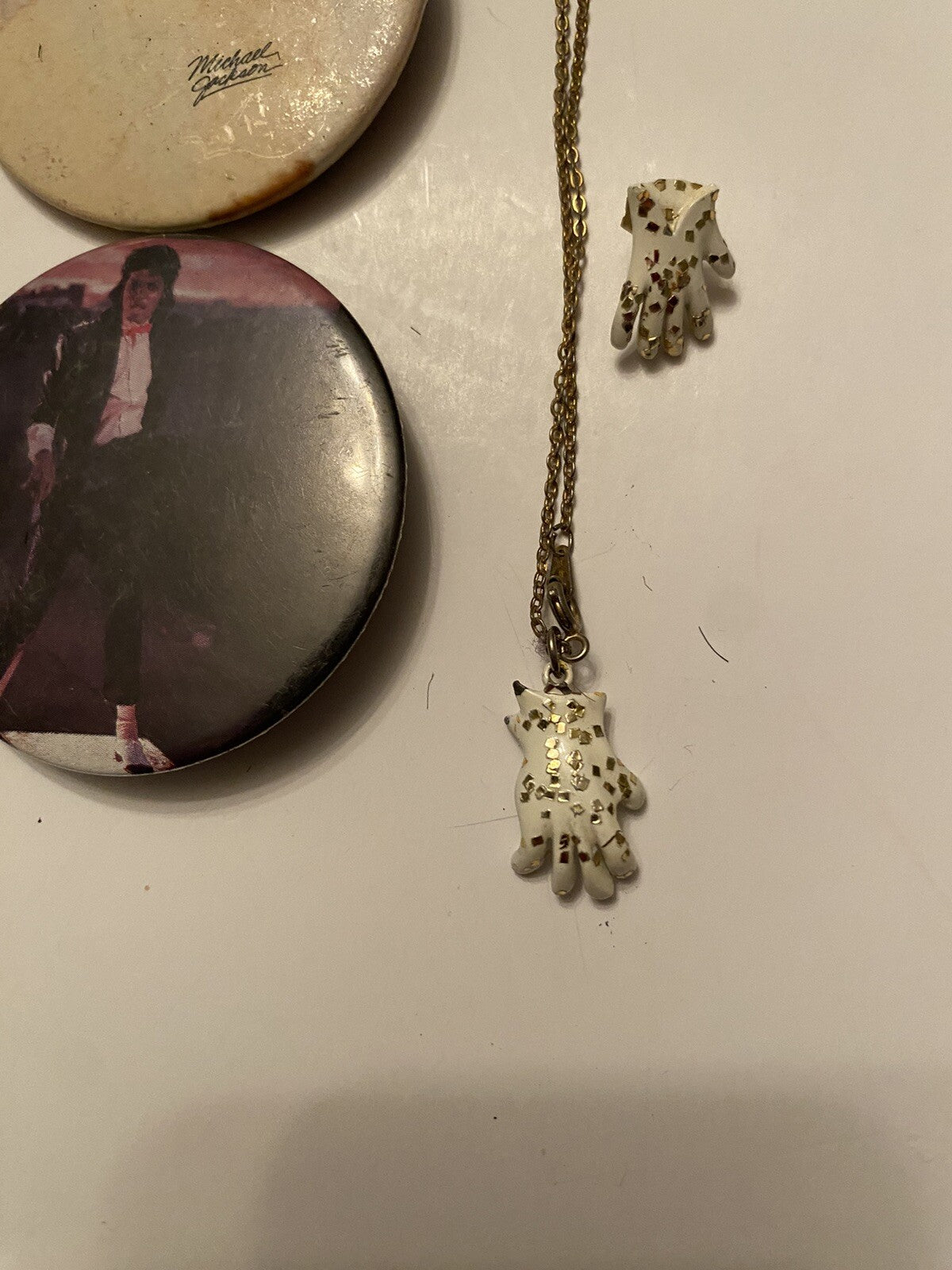 Vintage Lot of Micheal Jackson Pins White Glove Necklace & 1 White Glove Earring