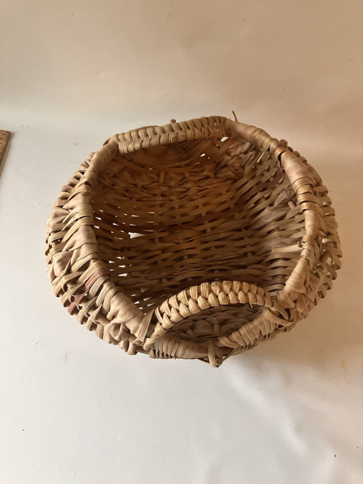 Vintage Buttocks Basket With Double Handles Woven With Fabric, Natural Material