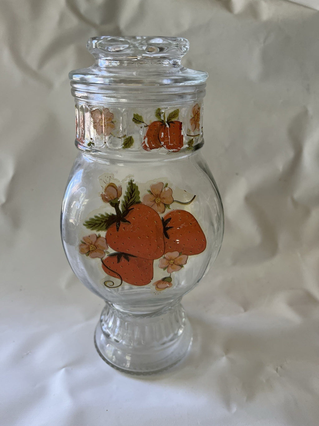 Vintage MCM 8” Tall Glass Jar With Strawberry Details And Lid