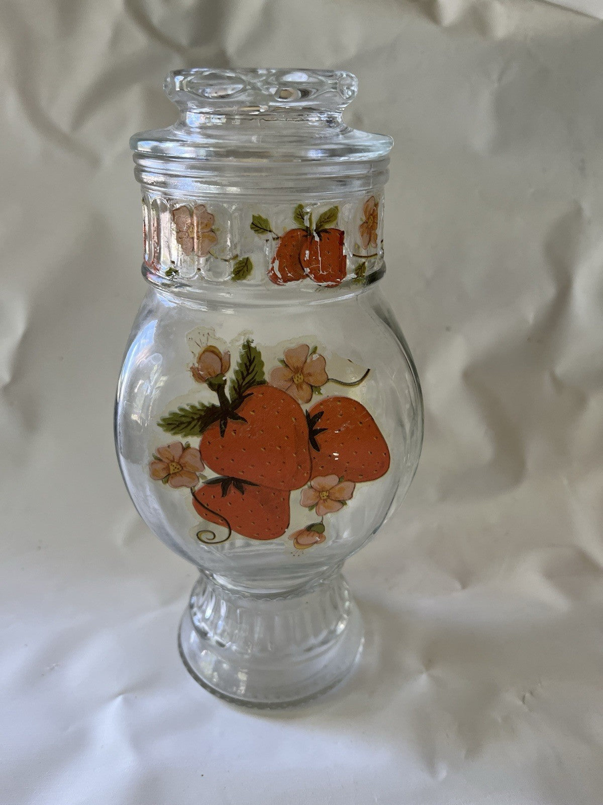 Vintage MCM 8” Tall Glass Jar With Strawberry Details And Lid