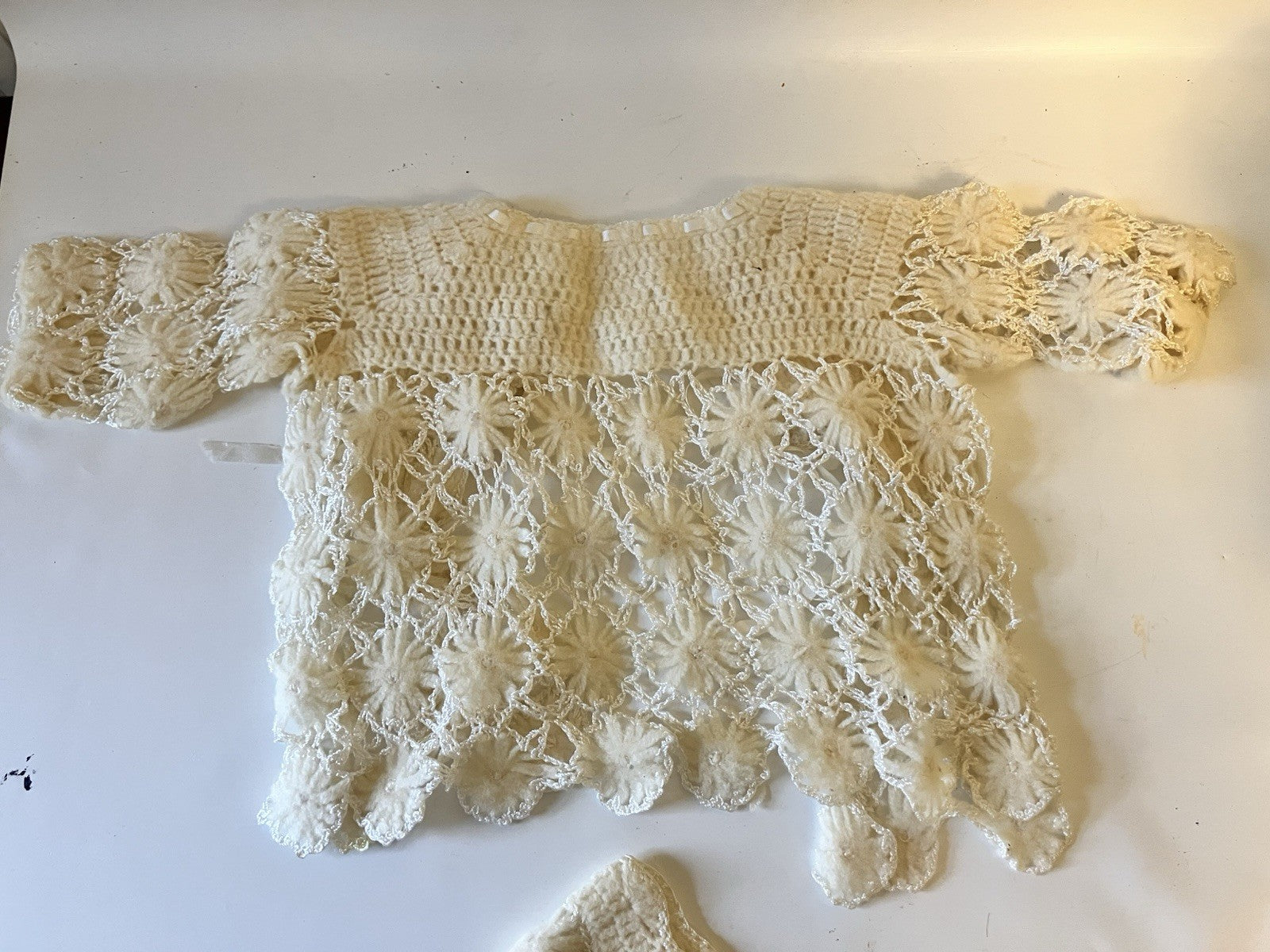Vintage Newborn Baby Girl White Baptism Dress And Handmade Cardigan/Bonnet