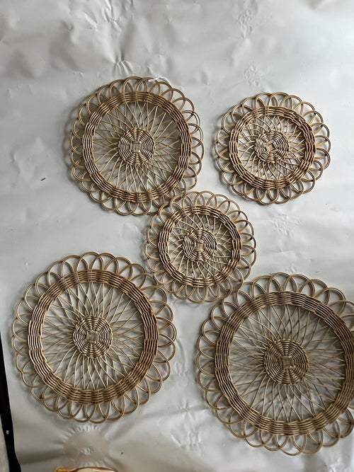 5-Vintage MCM Wicker Woven Circle Wall Decorations; Abstract/Boho/60s EVC!