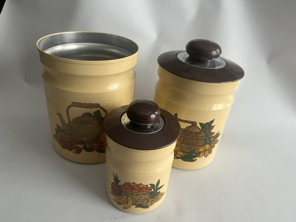 Kromex Metal Canister Set 3 Rare Beige/Brown Fruit & Vegetables w/ Plastic Lids