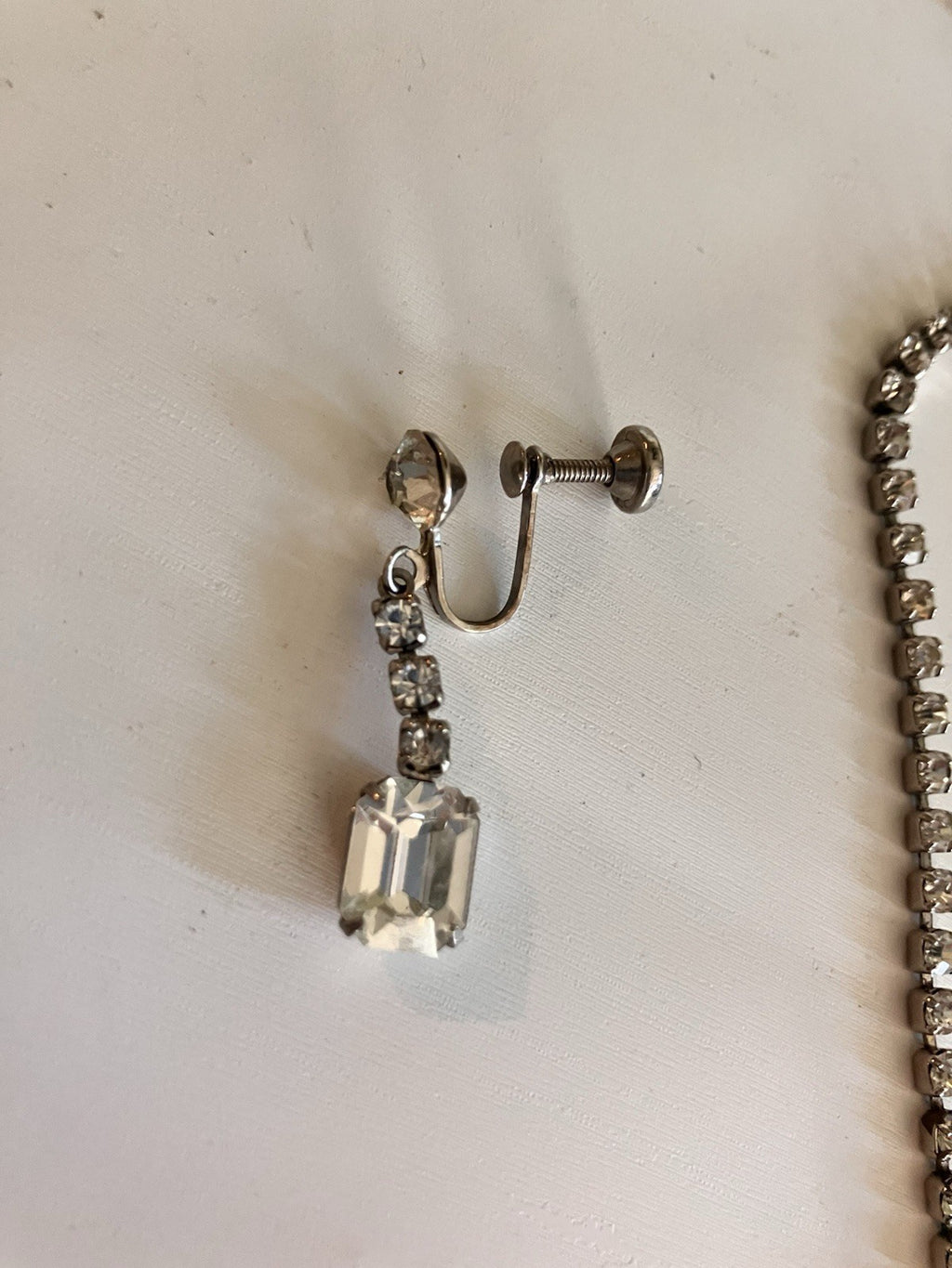 Vintage Necklace/Screw Back Earring; Silver-tone Emerald Cut Clear Rhinestone