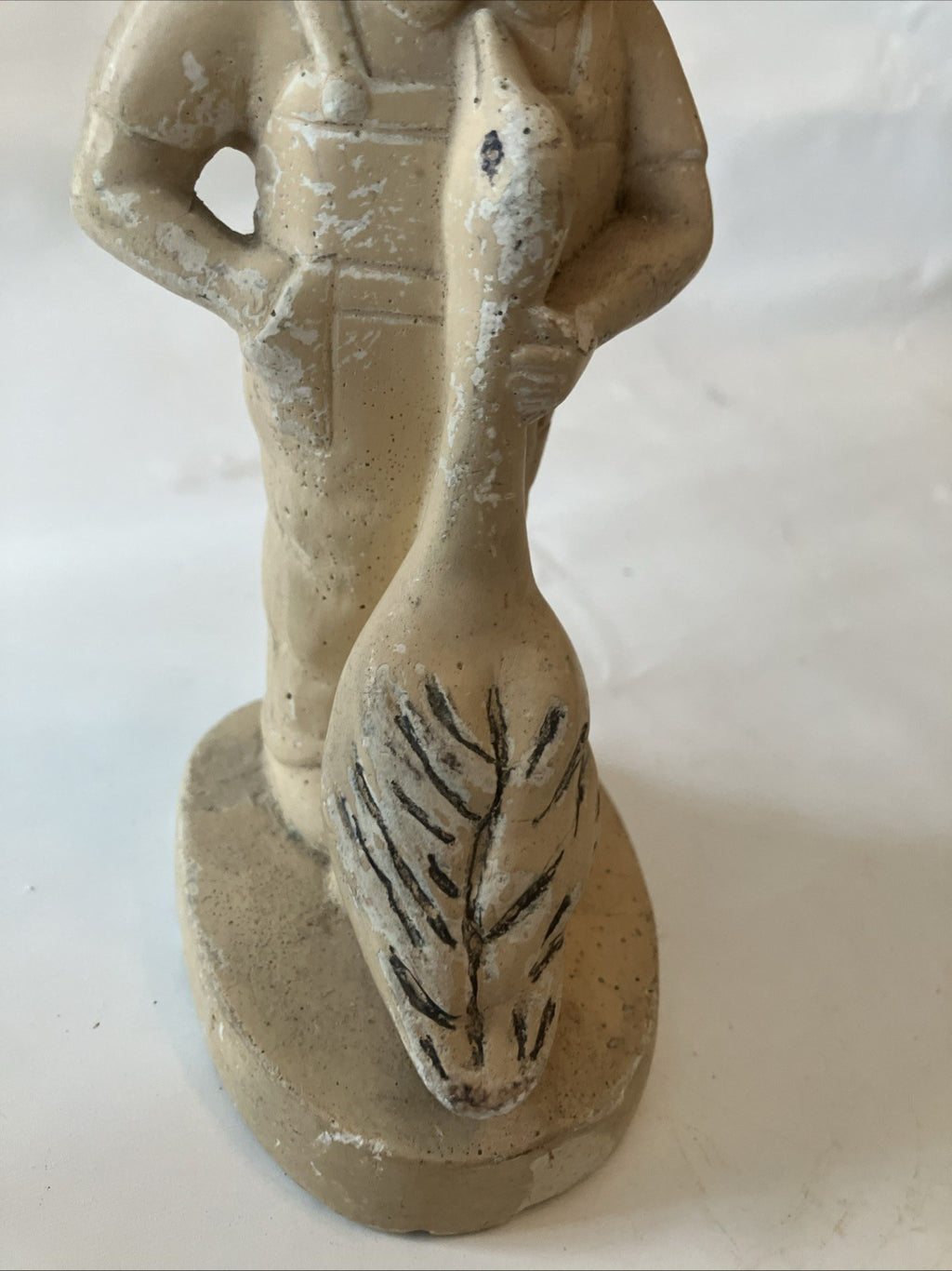 Vintage Chalk Ware Plaster Boy & A Goose Figurine, 7” Tall