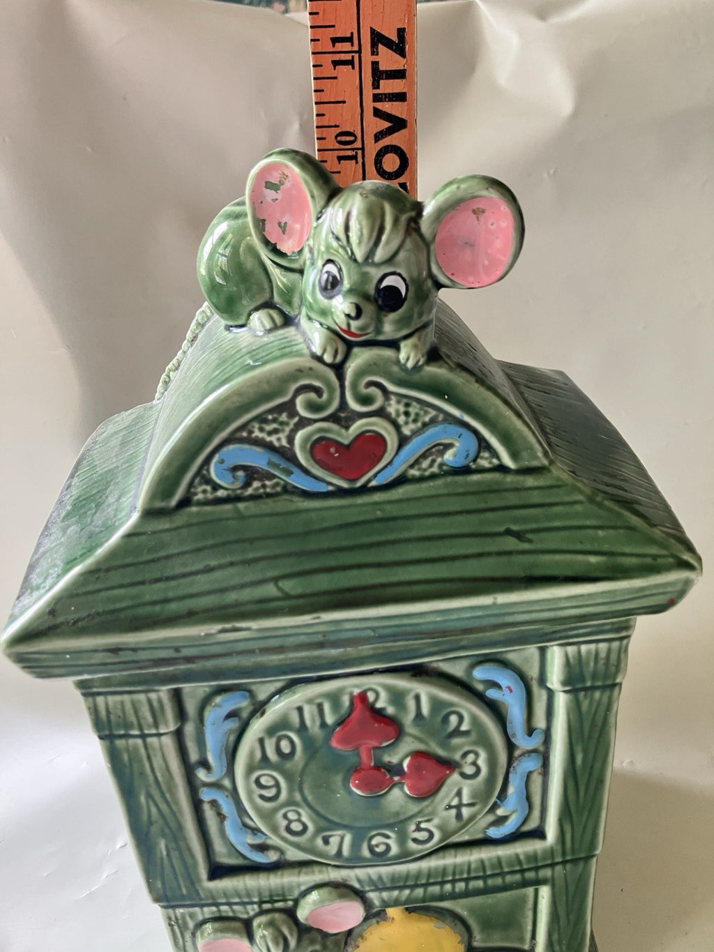 Vintage MCM Green Glazes Ceramic Hickory Dickory Cookie Jar  Made In Japan