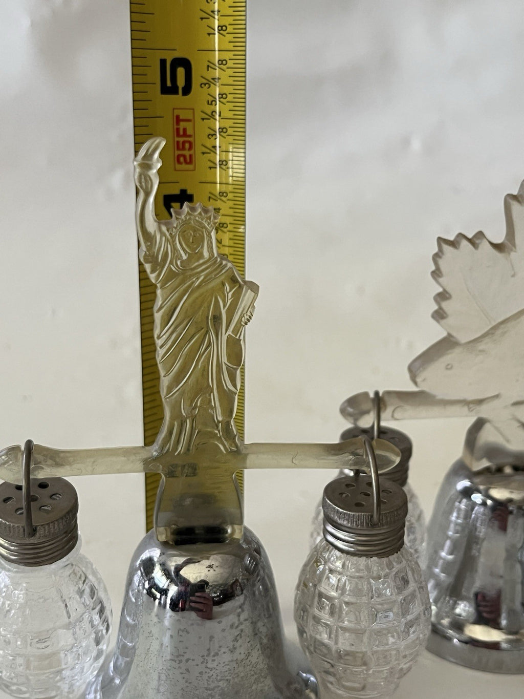Vintage Silver Toned/Clear Lucite Souvenir Salt/Pepper Shakers W/ Bell Stand (3)