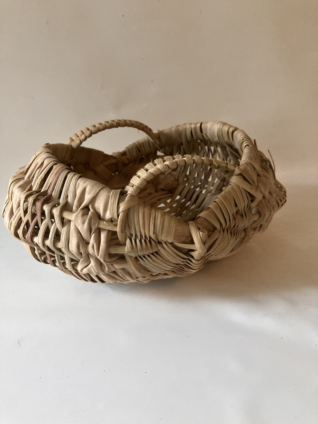 Vintage Buttocks Basket With Double Handles Woven With Fabric, Natural Material