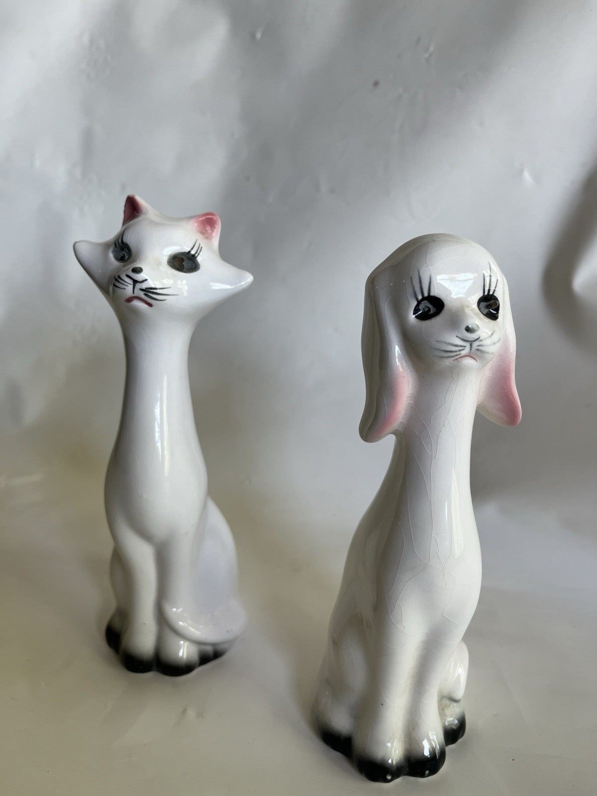 Vintage 6” Tall Ceramic Cat & Dog  Long Neck Figurines Kitsch MCM;