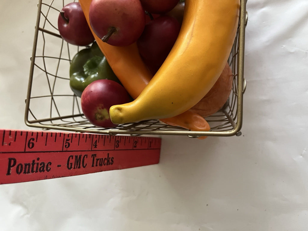 Vintage MCM Soft Faux Fruit & Vegetables In Wire 7x7x5” Basket