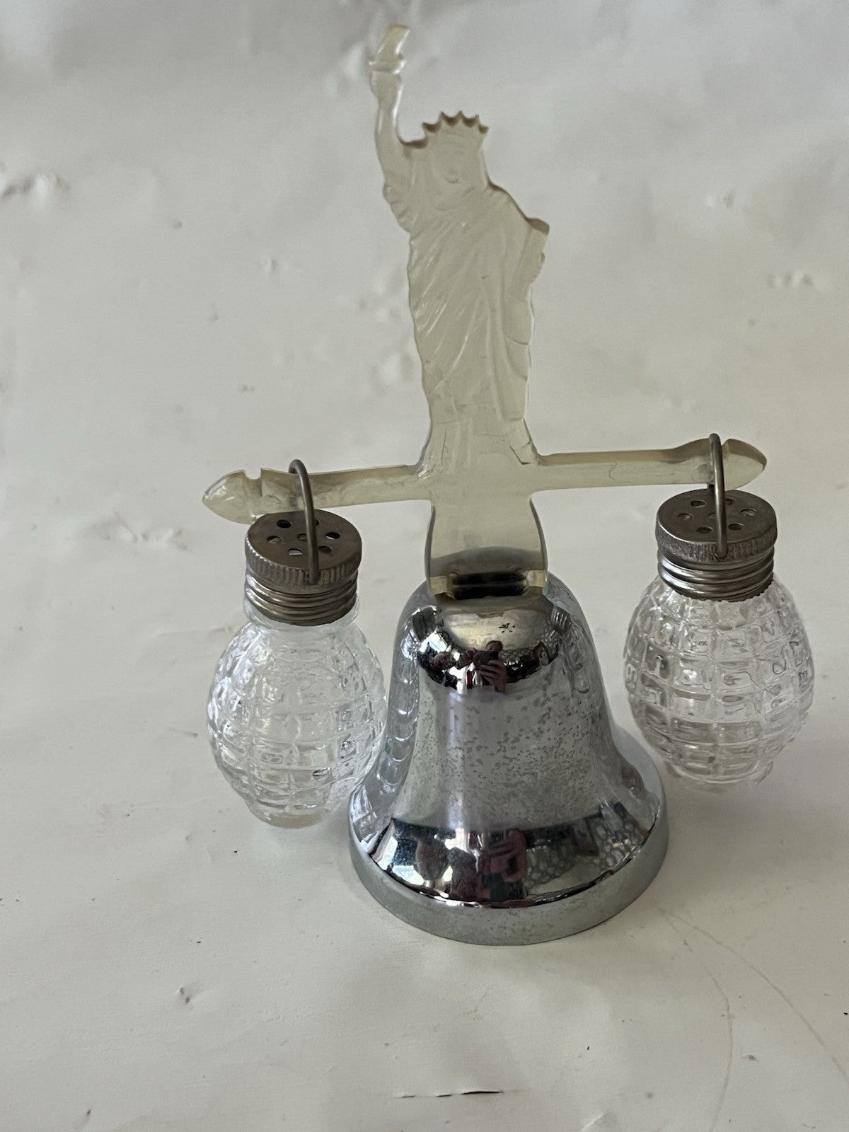 Vintage Silver Toned/Clear Lucite Souvenir Salt/Pepper Shakers W/ Bell Stand (3)