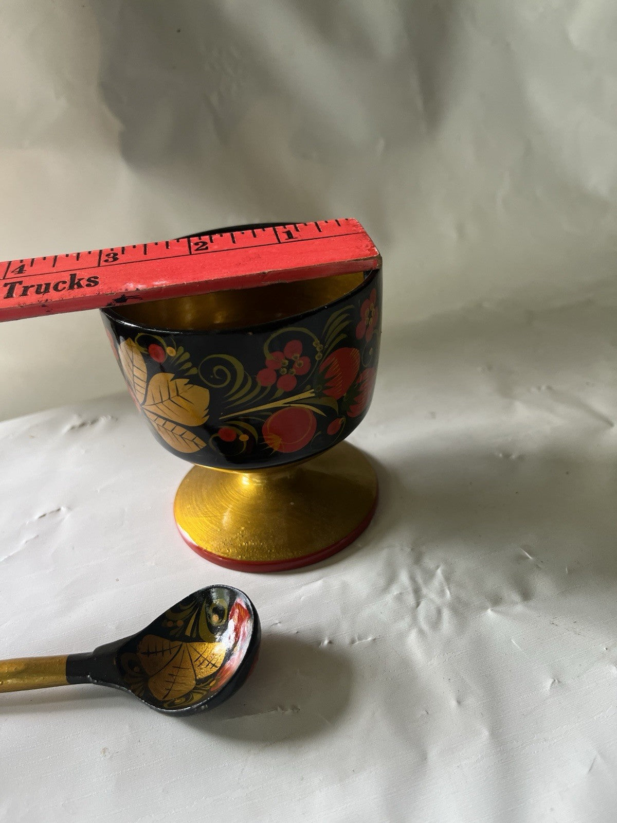 Russian Golden Khokhloma, Wooden Bowl & Spoon Set, Background painting, Folk-Art