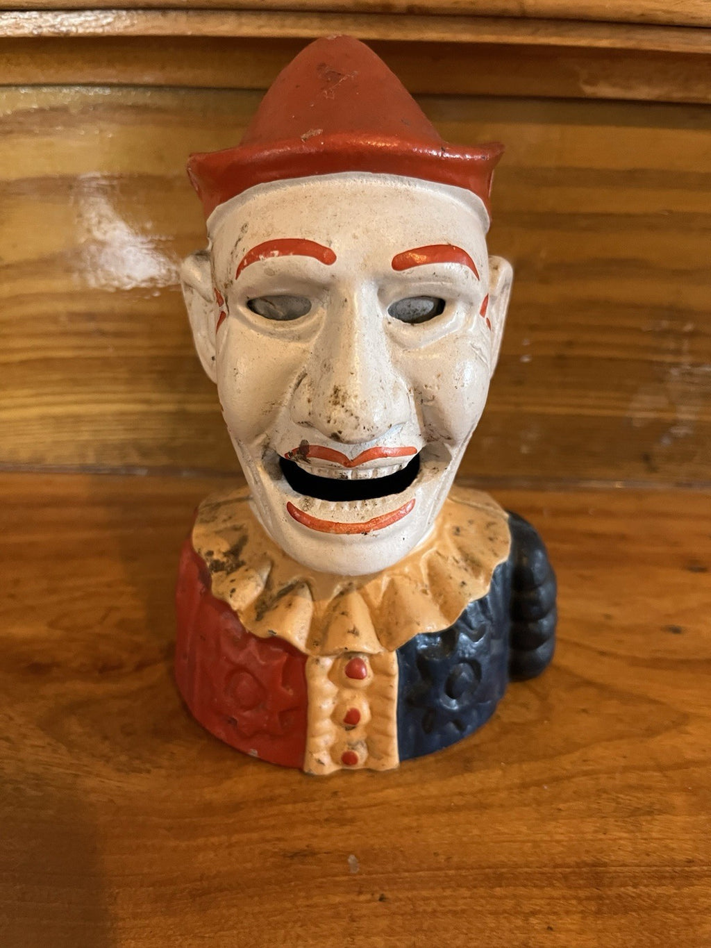 RARE early 1900's cast iron clown bank HAS PLUG Humpty Dumpty